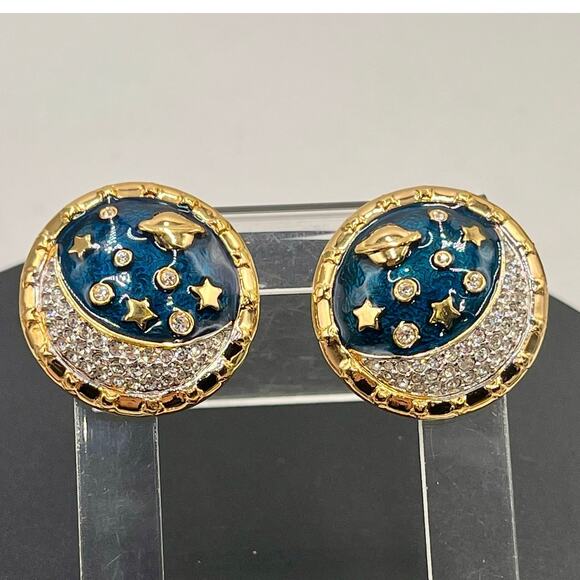 SWAROVSKI Swan Celestial Moon Stars Saturn Pave Crystal Blue Enamel Clip Earring - Picture 1 of 8